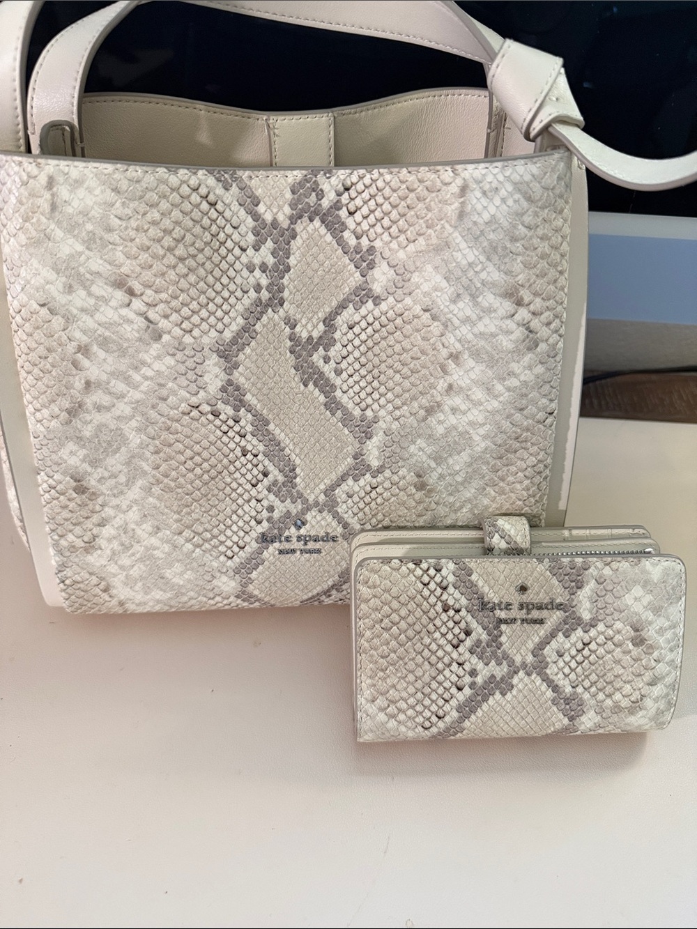 kate spade Cream and Gray Snake-Print Shoulder Bag with Matching Wallet